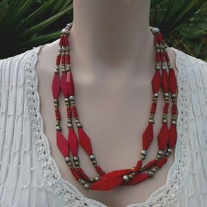 HANDMADE Red Wood & Silver Metal Beaded Necklace 10.5 inches long